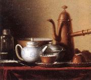 unknow artist Still life of a chocolate pot,teapot,sucrier,bowl,teajar,tea cups and saucers,and silver spoons,all upon a draped table top china oil painting reproduction